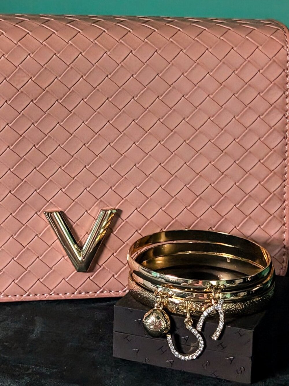 Like Dreams Valerie Woven Crossbody Bag Blush Pink & Gold Bangle Jewelry Lot NWT